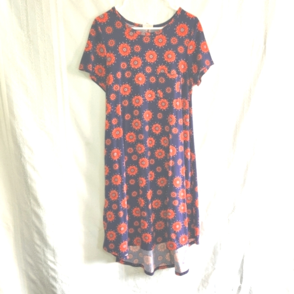 LULAROE CARLY HI/LOW DRESS INDIAN PURPLE ORANGE FLORAL BATIK STYLE SIZE MEDIUM